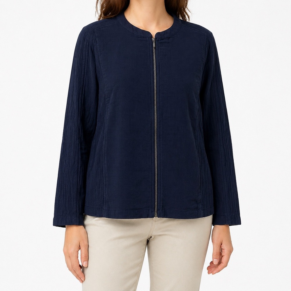 NWT J. Jill Jacket Womens LP Navy Blue Cotton Gauze Full Zip Lightweight Spring